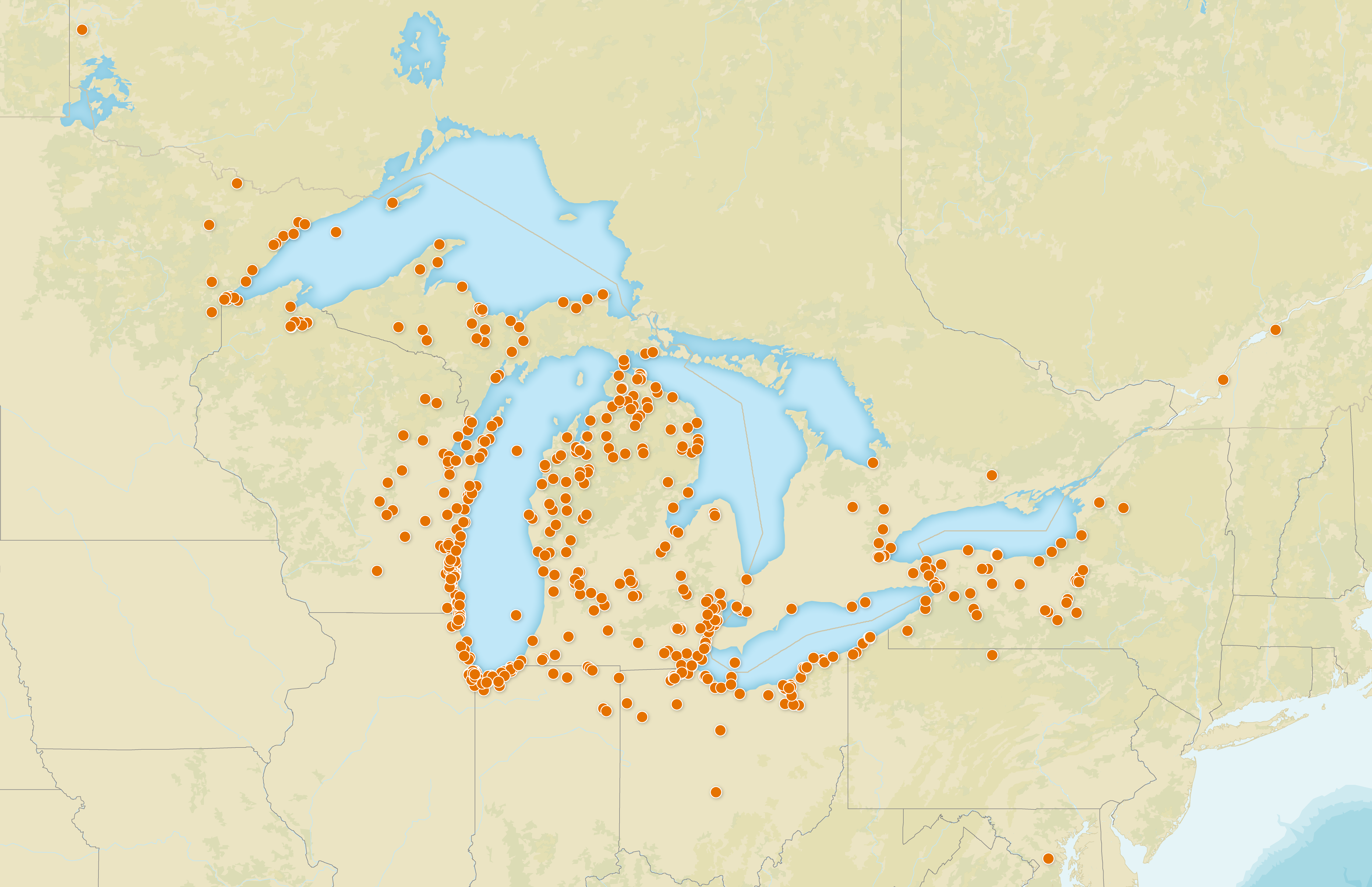 map of projects funded through the Sustain Our Great Lakes program