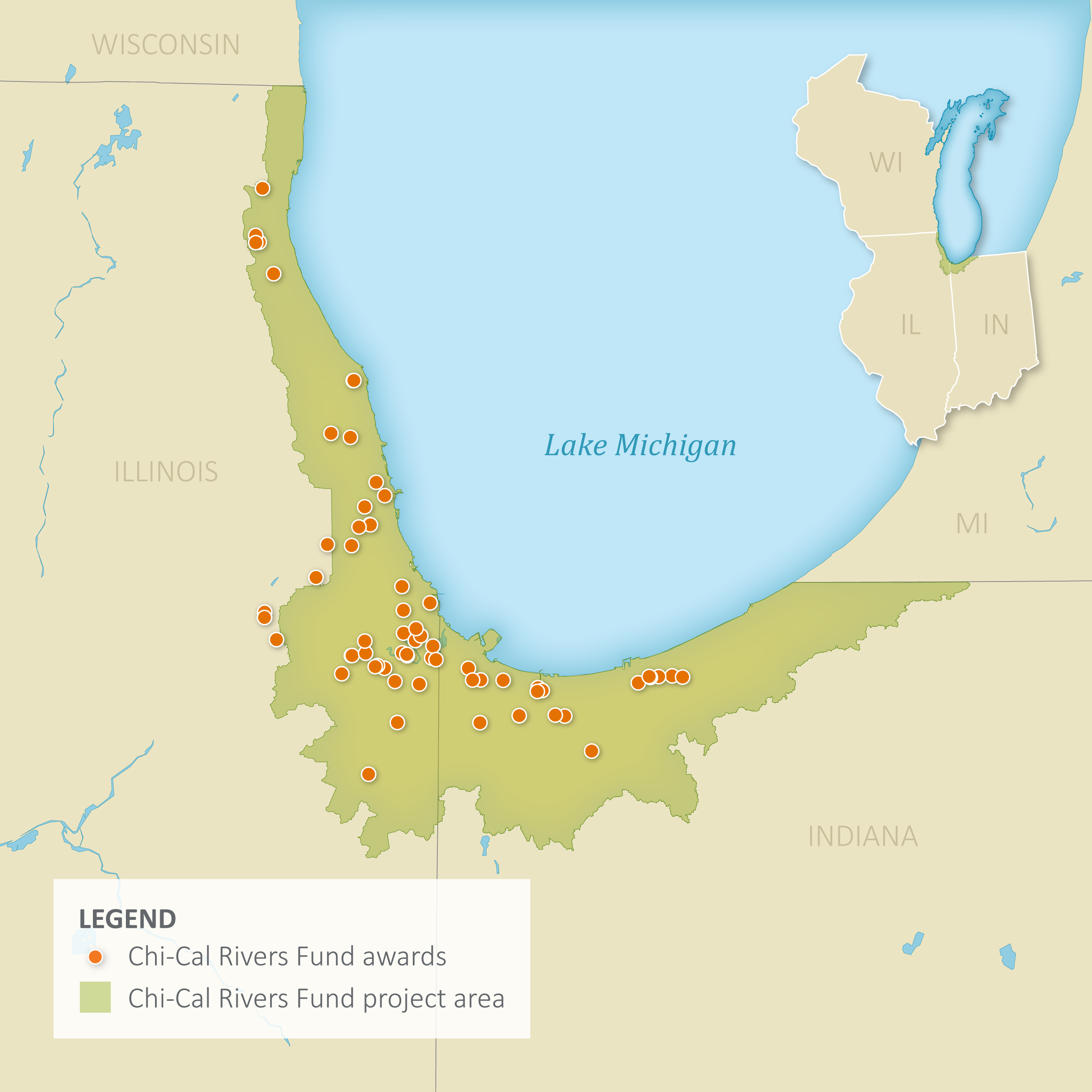 a map of the Chicago-Calumet region with project points indicated