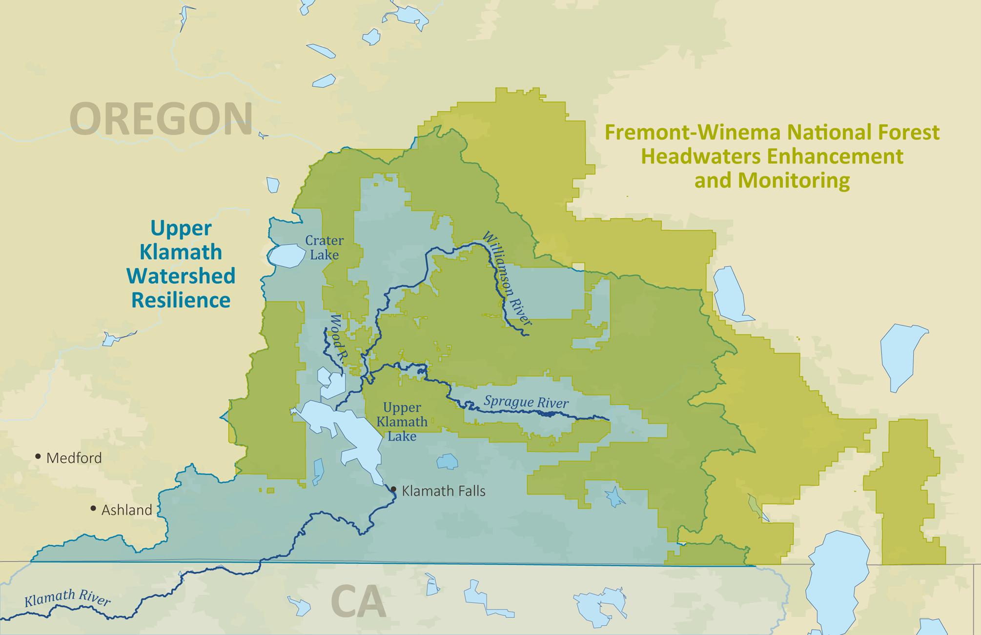 Figure 4. Target geographies for Upper Klamath Watershed Resilience funding and Fremont-Winema National Forest Headwaters Enhancement and Monitoring funding