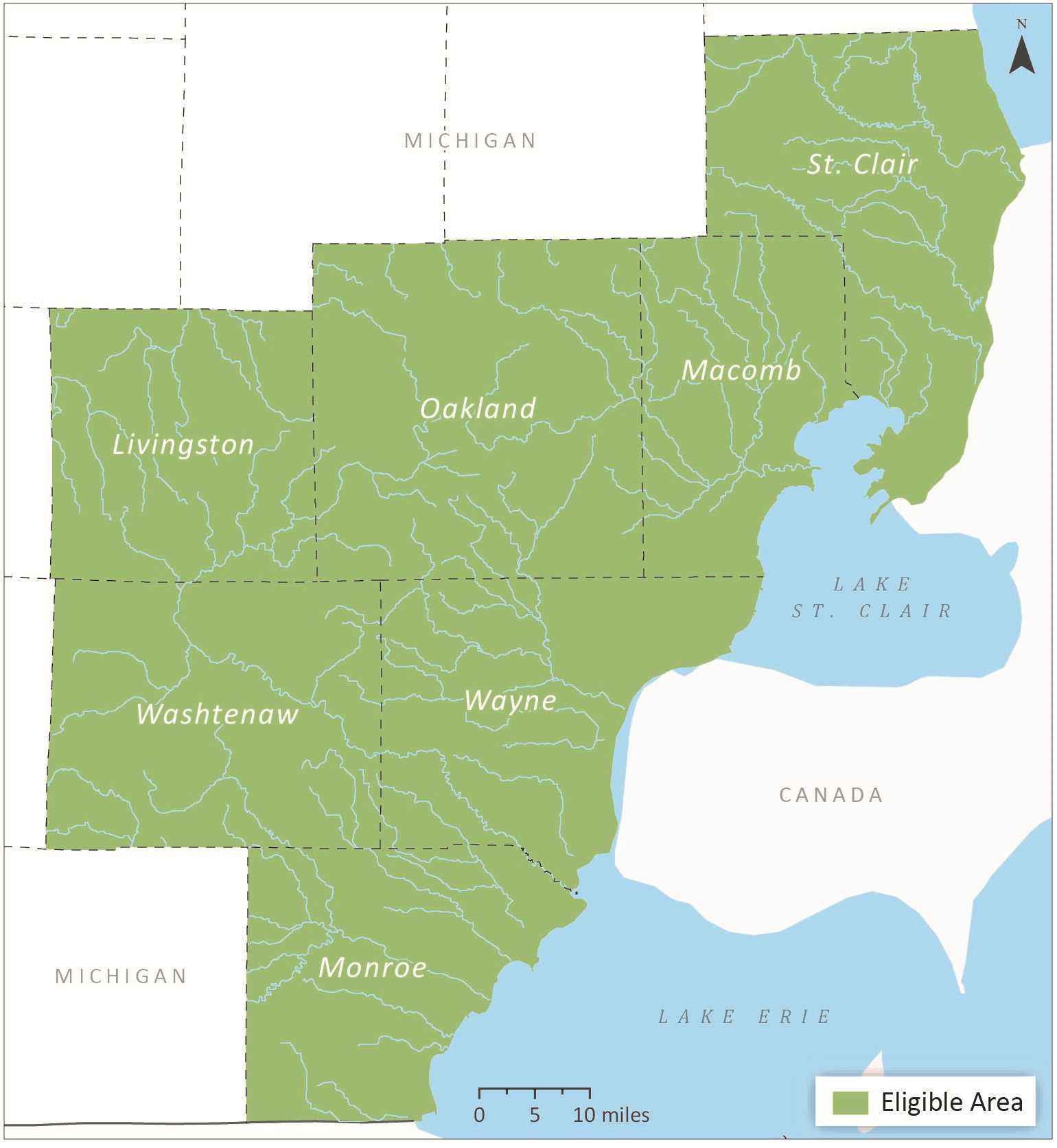 A map of seven counties in Detroit area Michigan: St. Clair, Macomb, Oakland, Livingston, Wayne, Washtenaw, and Monroe