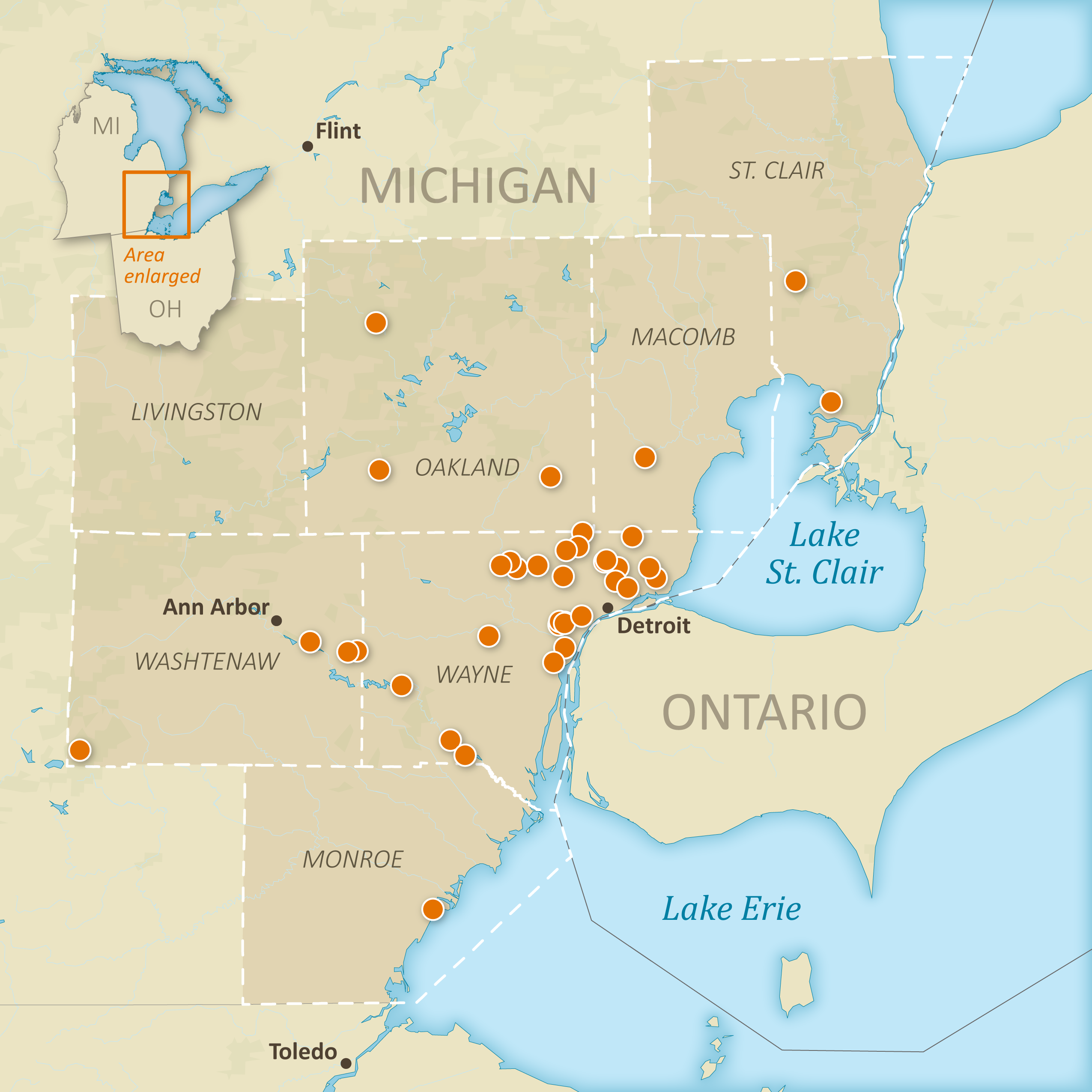 a map of southeast michigan with project points identified