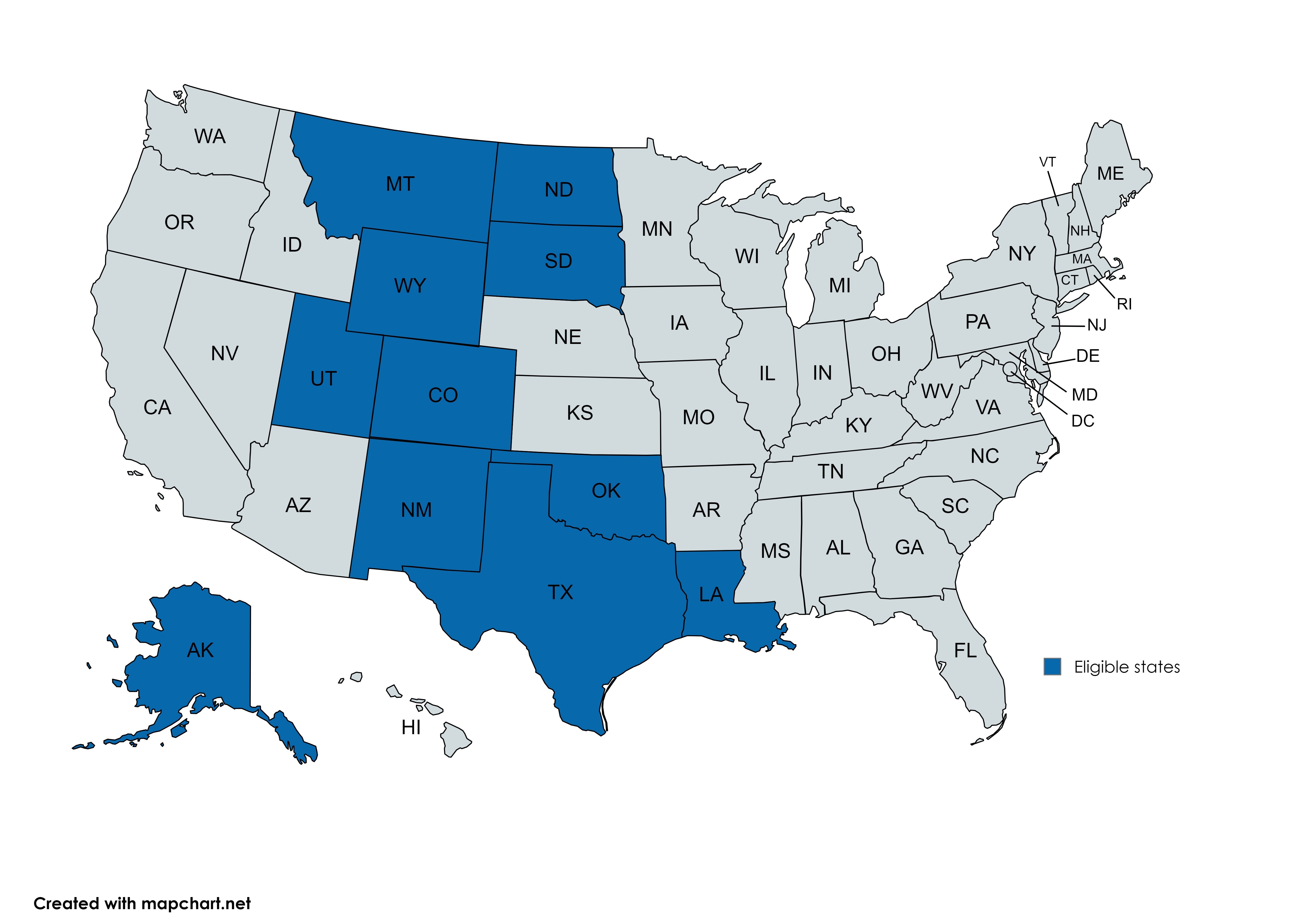 Map of the United States with eligible states highlighted in blue: MT, WY, UT, CO, NM AK, ND, SD, OK, TX, and LA.