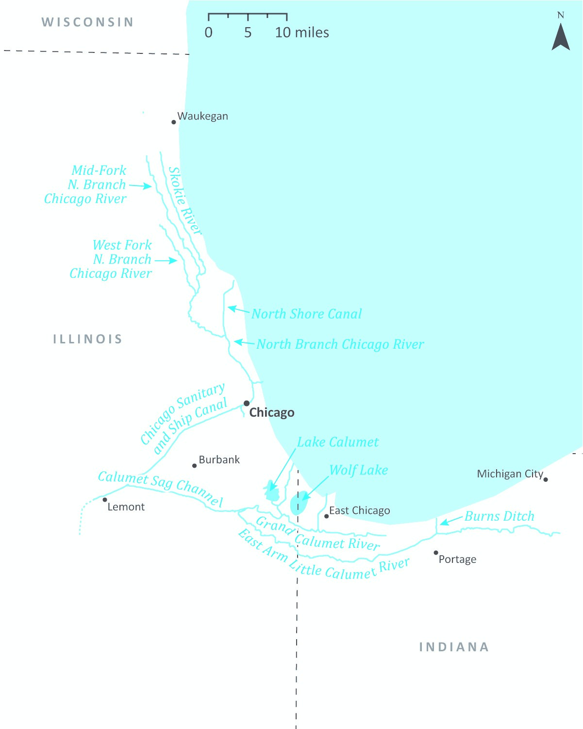 a map of the Chicago area and rivers near Lake Michigan