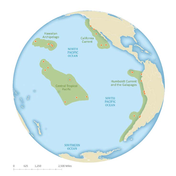 Map of the Pacific Ocean displaying the four broad geographies this Request for Proposals will consider projects from